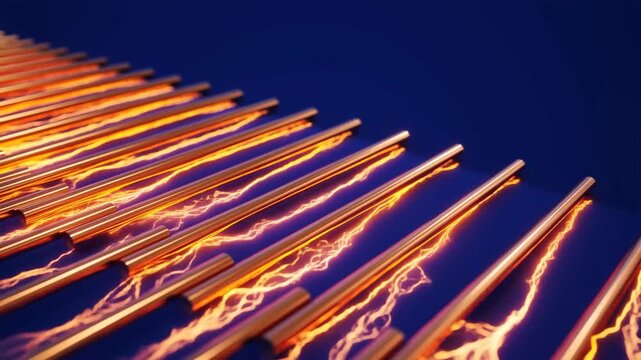 Glowing electrical trails move along parallel metal rods against a deep blue background