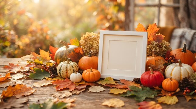 Blank white frame surrounded by a beautiful rustic autumn thanksgiving border