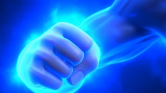 Glowing clenched fist thrusting forward through an abstract blue energy background