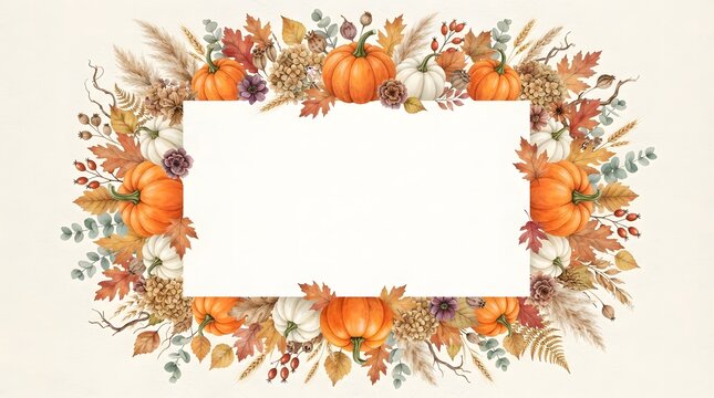 Beautiful watercolor thanksgiving border with pumpkins and autumn leaves for seasonal designs