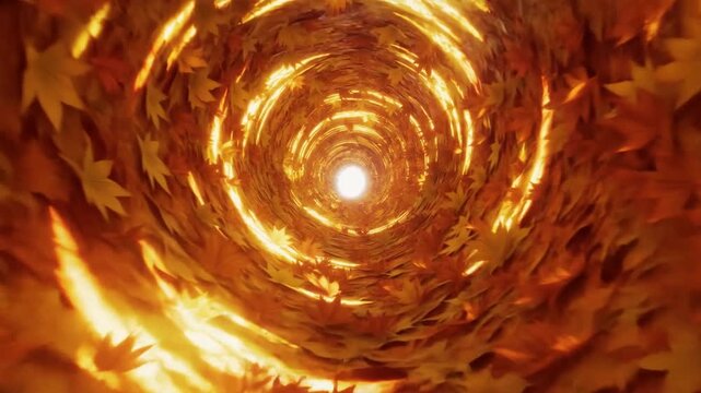Swirling Autumn Leaves Form a Golden Tunnel Toward a Bright Center
