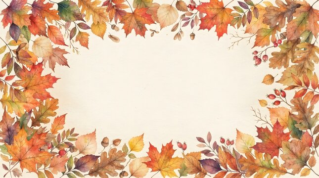 Beautiful watercolor autumn leaves frame forming a festive thanksgiving border design