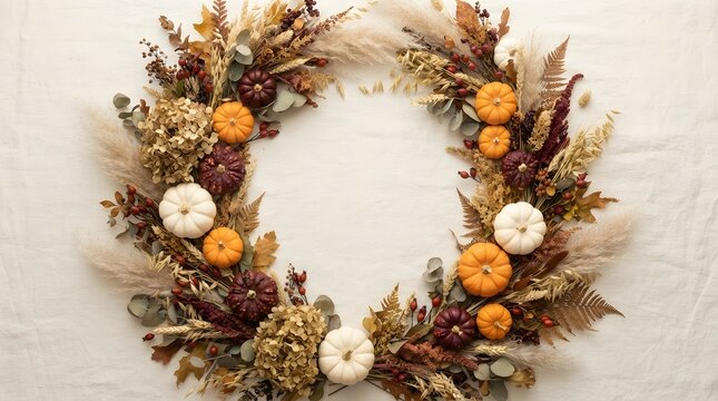 Beautiful decorative thanksgiving border wreath with pumpkins and dried autumn flowers