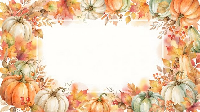 Beautiful watercolor thanksgiving border with pumpkins and autumn leaves for seasonal designs