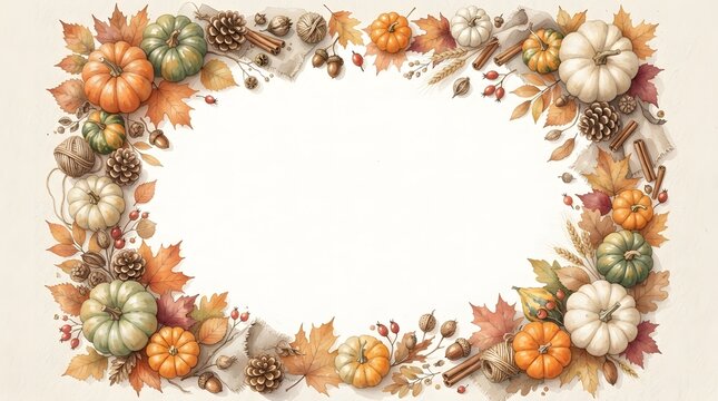 Beautiful decorative thanksgiving border with pumpkins and colorful autumn fall leaves