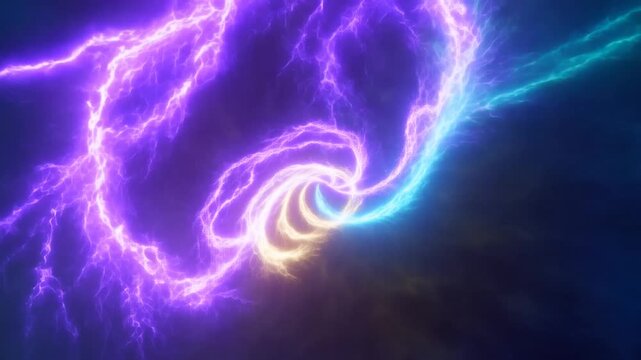 Luminous Purple, Cyan, and Golden Energy Trails Spiral Across a Dark Atmospheric Background
