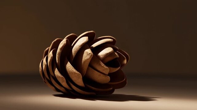 Carved wooden sphere rotates on a warm brown surface under directional light