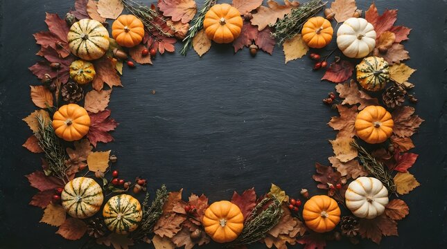 Decorative thanksgiving border made of colorful autumn leaves and small pumpkins