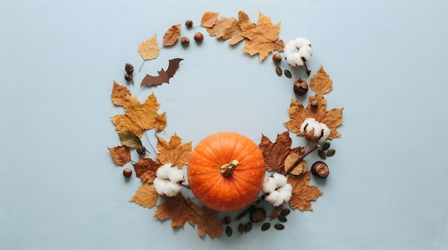 Beautiful autumn themed thanksgiving border with pumpkins and dried fall leaves