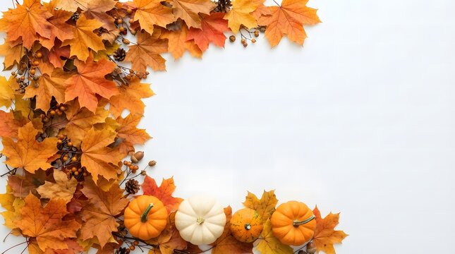 Beautiful autumn thanksgiving border with colorful maple leaves and small pumpkins