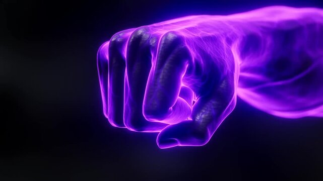 Glowing purple clenched fist thrusting forward against a dark abstract background