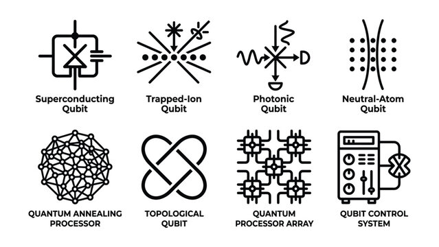 Quantum Computing Icons: A collection of simplified icons representing different types of quantum computing technology, including superconducting qubit, trapped ion qubit, photonic qubit.