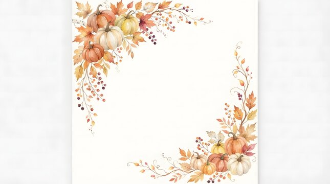 Beautiful watercolor floral thanksgiving border with autumn leaves and fall pumpkins
