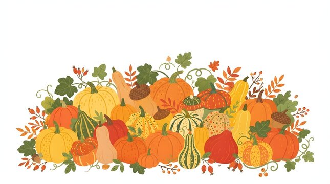 Beautiful watercolor thanksgiving border featuring colorful pumpkins and autumn harvest season foliage