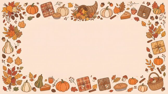 Decorative hand drawn watercolor thanksgiving border with pumpkins and autumn leaves