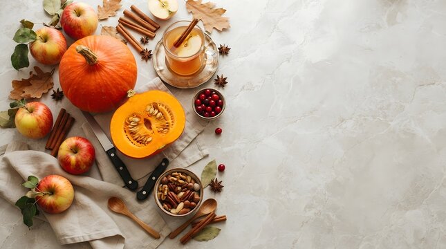 Festive thanksgiving border with fresh pumpkins apples and spices on white background