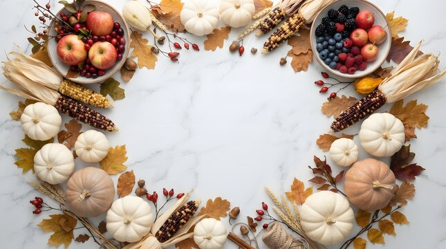 Beautiful festive thanksgiving border made with pumpkins and autumn harvest fruits