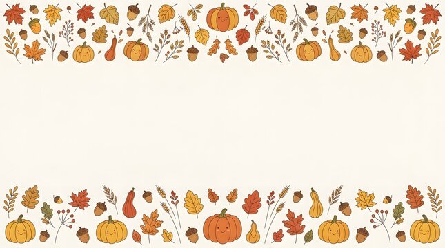 Festive watercolor thanksgiving border with pumpkins and autumn leaves for seasonal design