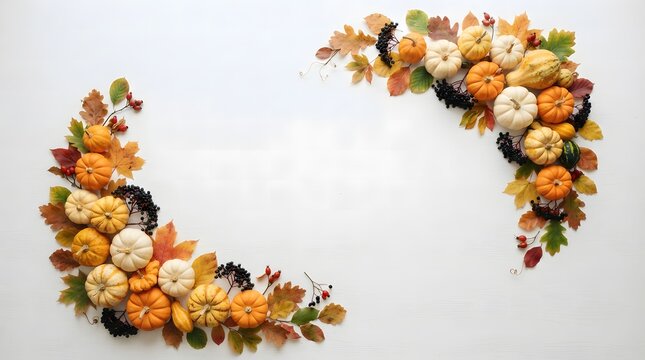 Decorative thanksgiving border made of colorful pumpkins and autumn fall leaves