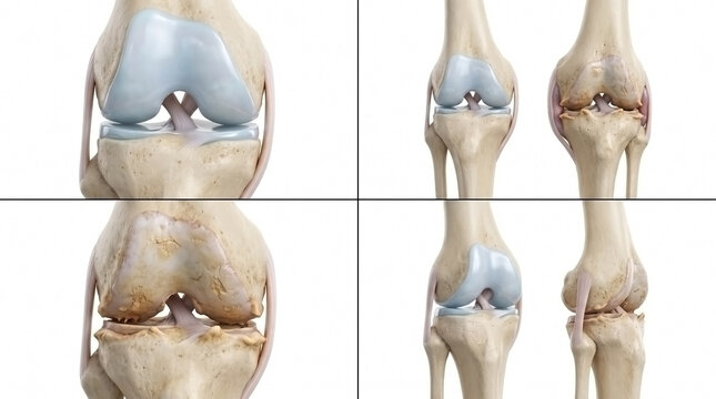 Series of anatomical models showing human knee joint structure and cartilage surface with human anatomy bone structure cartilage