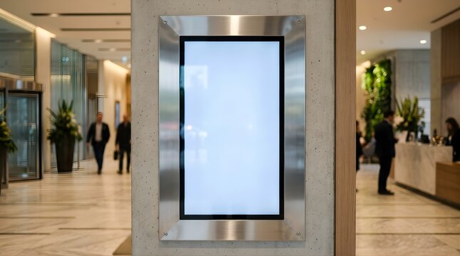 Blank vertical digital screen display mounted on wall in office lobby