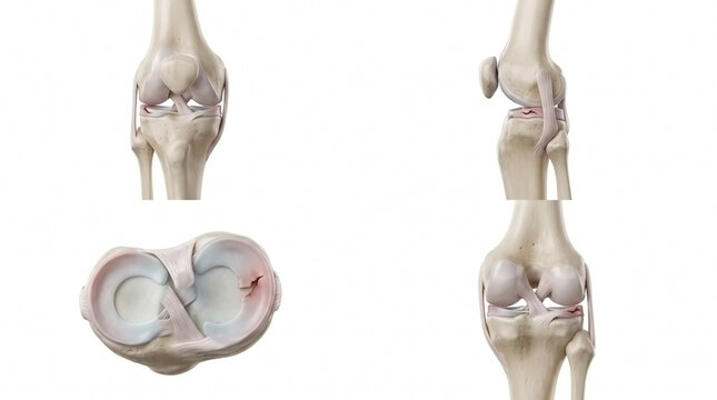Multi-angle views of human knee joint anatomy including meniscus and bones with medical illustration skeletal system leg anatomy