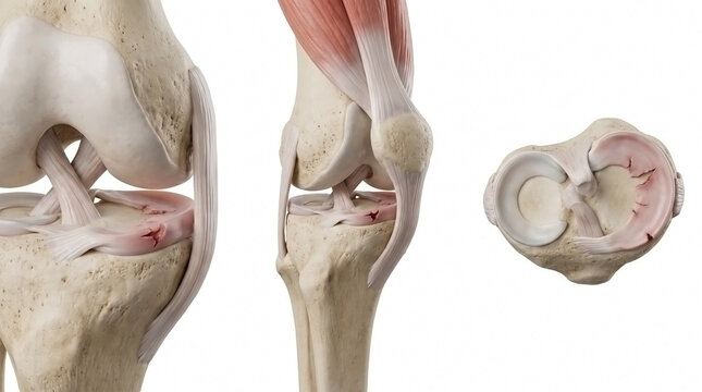 Close up views of the human knee joint bones ligaments and meniscus structure with human anatomy skeletal system medical illustr