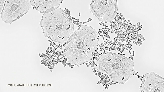 Microscopic observation of epithelial cells surrounded by bacterial colonies with bacteria growth cell structure science researc