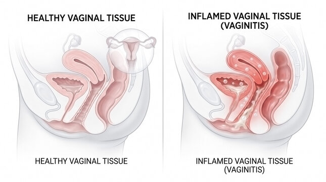Anatomical comparison of healthy vaginal tissue and inflamed tissue caused by vaginitis with anatomy diagram