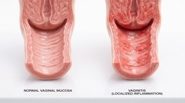 Medical illustration comparing healthy vaginal mucosa to tissue with vaginitis and infection inflamed tissue reproductive system
