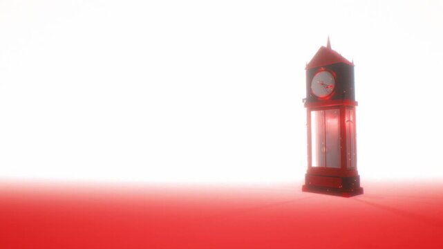 Angled perspective grandfather clock standing on a vibrant crimson floor under blinding white light in a 3D render