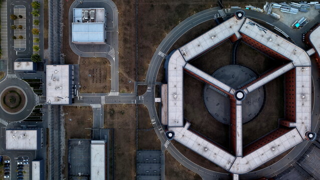 Aerial view of the distinctive octagonal prison complex in Pancevo, Serbia.