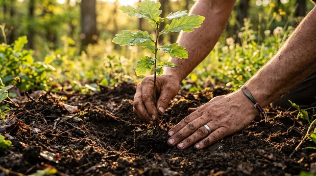 Dedicated gardener hands carefully planting a small vibrant green oak sapling seedling on transparent background