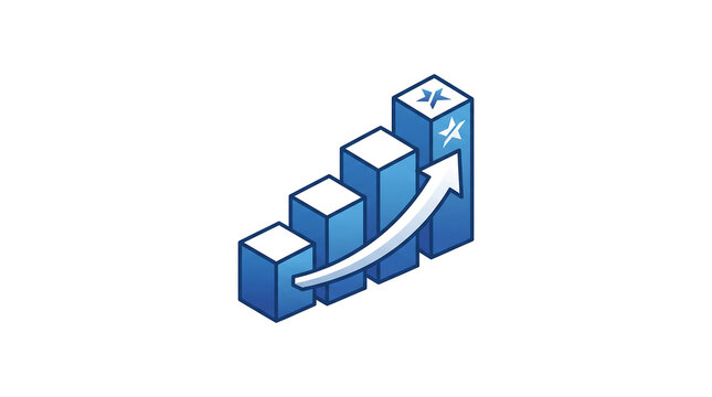 Isometric blue business growth bar chart icon with rising arrow representing financial success intelligence and analytics progress
