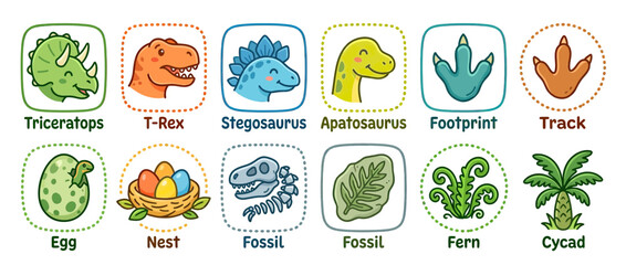 Obraz premium Cute Dinosaur Icons and Fossils Set