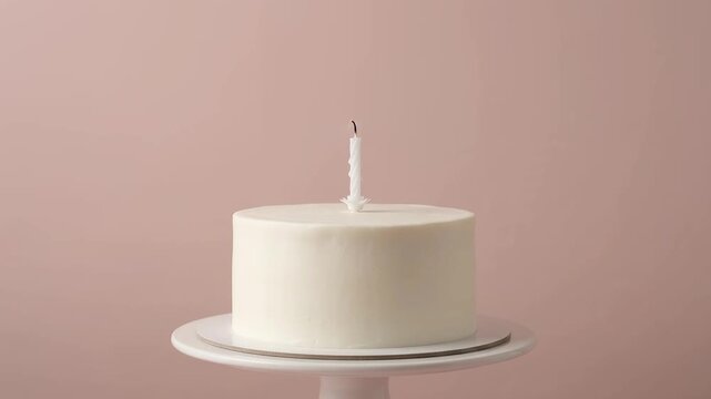 Minimalist white cake with single lit candle on stand, smoke rising after blown out, pink background.