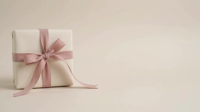 Minimalist white gift box with pink ribbon subtly moving on plain background soft light.