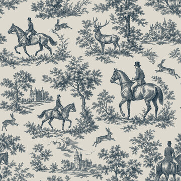 Seamless vector pattern with engraved hunters, deer and hares on the lanscape backgroun. Vintage ink drawing.