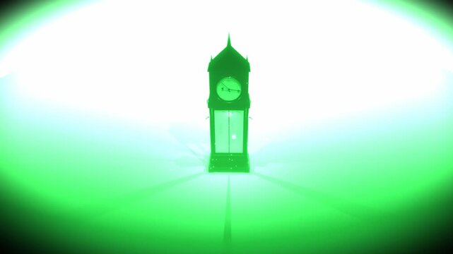 Spooky vintage clock standing centered within an intense bright green ethereal fog and glowing light beams in a 3D animation