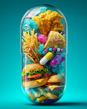 Whimsical food capsule displays hamburgers, cheese, fries and tacos crammed inside clear pill shape, plus bright candy pieces. Studio lighting makes food capsule look colorful, glossy and surreal.