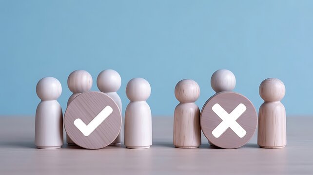 Wooden peg dolls arranged in groups with check mark and cross symbols, concept of survey results, voting, and comparative analysis of opinions