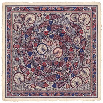 Madhubani fish mandala in indigo and madder