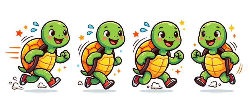Cute cartoon turtle running sequence isolated transparent background