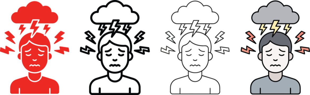 Stressed man with storm cloud and lightning bolts icon set, mental health anxiety depression, severe headache migraine pain, burnout and psychological stress concept vector icons