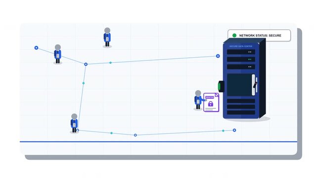 Premium animation visualizing an insider threat: an authorized internal user legitimately accesses a secure server and extracts sensitive data, triggering a network warning.