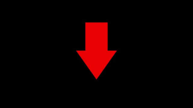 Animated arrow pointing down on black background.Abstract glowing down arrow icon animation with alpha channel