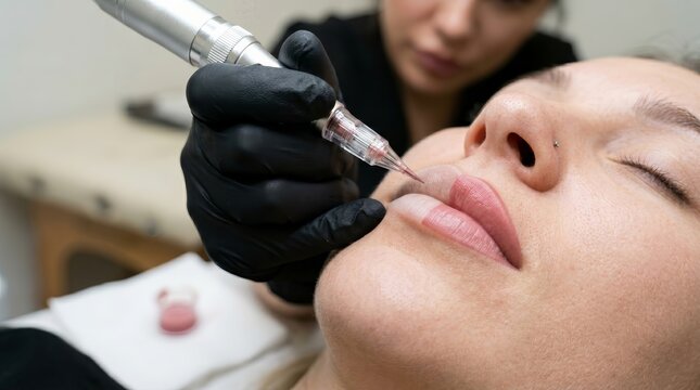 Close up of a rotary PMU pen during a lip blush semi-permanent makeup procedure.