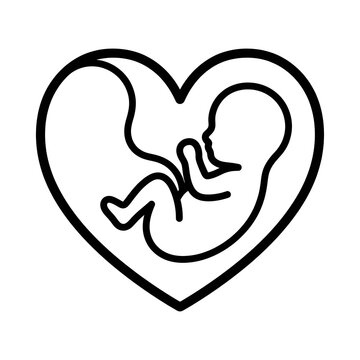 pregnancy protection and maternal health black outline vector line icon with baby fetus inside heart shape isolated on clean white background