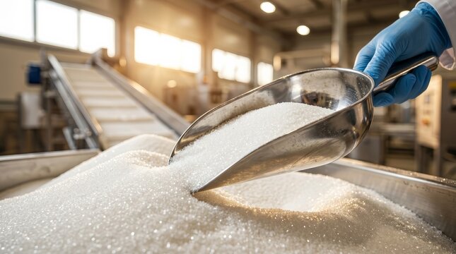 Industrial food production process featuring a worker scooping granulated sugar crystals.