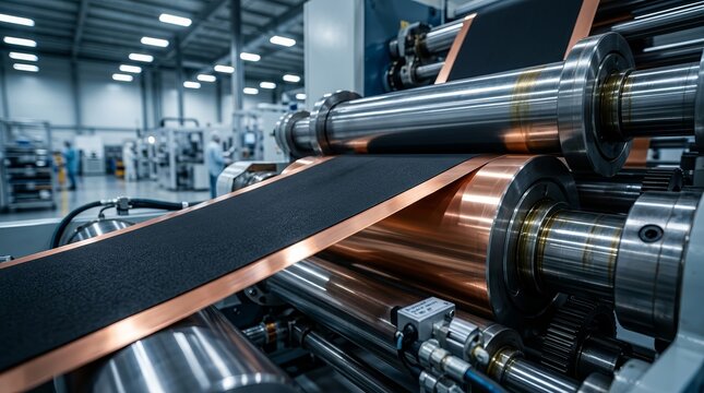 Close-up of a battery electrode manufacturing process featuring metal foils and coating.